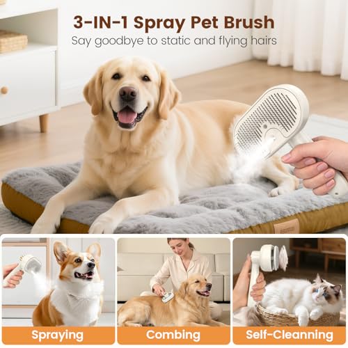Glendan Pet Steam Brush for Shedding - 3-in-1 Spray Grooming Comb for Dogs & Cats - Self-Cleaning Mist Brush Softens Fur & Reduces Static - Ideal for Long Short Hair and Bath-Hating Pets - color: White, size: Large