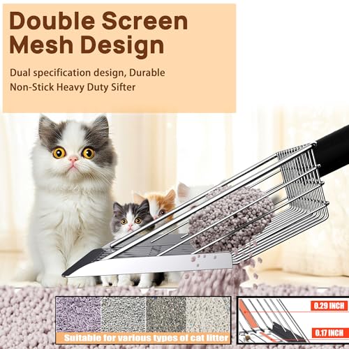 Heavy Duty Stainless Steel Cat Litter Scoop with Holder - Non-Slip Handle, Quick-Sifting Grid & Easy to Clean
