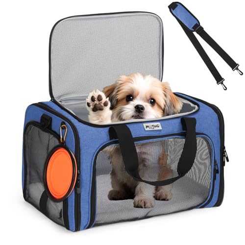 Pet Carrier for Cats & Small Dogs, Travel Carrier with Anti-Collapse Support, Chew Resistant Buckles, Luggage Sleeve, Multi-Pocket Storage, Reversible Mat & Bowl (Blue, Medium (17.5"x11"x11.5")) - color: Blue