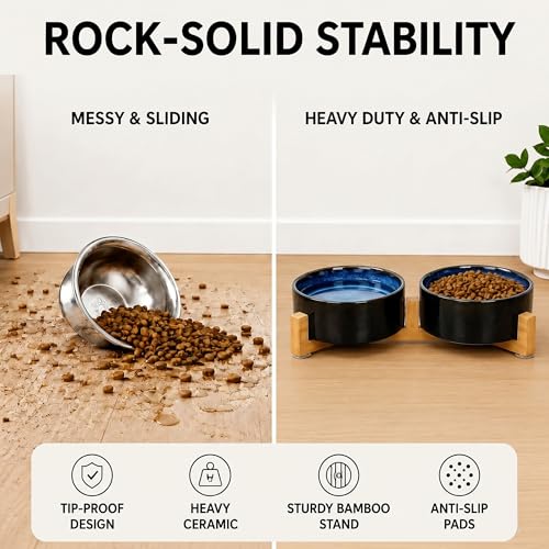 SPUNKYJUNKY Ceramic Dog and Cat Bowl Set with Wooden Stand, Modern Cute Weighted Food Water Set for Small Size Dogs (13.5OZ) & Medium Sized Dogs (28.7OZ) & Cats (1.7 Cups, 2 × Starry Blue) - color: Starry Blue × 2, size: 1.7 cups