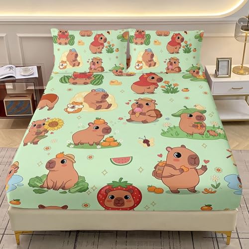 AILONEN Kawaii Capybara Fitted Sheet Set Full Size, Boys Girls Cartoon Cute Capybara Bedding Set for Kids Teens,Grass Green Bed Sheet Set,1 Fitted Sheet + 2 Pillowcases,3 Piece - color: Capybara2, size: Full