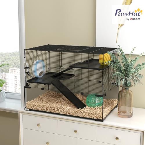 PawHut Large Hamster Cage Deep Tempered Glass Bottom 30"x19"x21.5" Black | 3 Tiers Hamster Tank, Running Wheel, Hut, Water Bottle, Dish, Rat Cage for Syrian, Dwarf, Gerbils, Mouse - size: 30.1"L x 19.0"W x 21.5"H