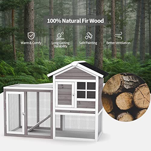PETSITE Rabbit Hutch, 48.5" Wooden Chicken Coop with Roof & Tray, Bunny Cage Indoor Outdoor, Guinea Pig Pet House for Small Animals, Grey