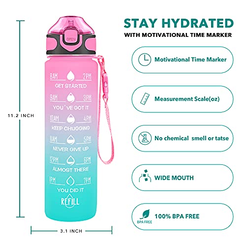 Enerbone 32 oz Drinking Water Bottle with Times to Drink and Straw, Motivational with Carrying Strap, Leakproof BPA & Toxic Free, Ensure You Drink Enough Water for Fitness Gym Outdoor - color: Pink-Green