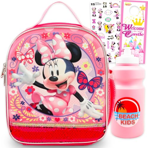 Minnie Mouse Lunch Bag for Girls Bundle w/Insulated Lunchbox + More | Soft Minnie Lunch Box Plus Water Bottle, Stickers, More - Minnie Mouse School Supplies