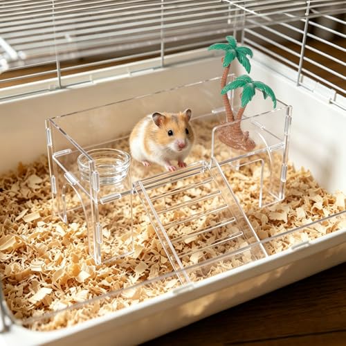 Acrylic Platforms for Hamster Cage, Climbing Platform with Ladder, Clear Hideout Cave Accessories for Gerbils Hermit Crab