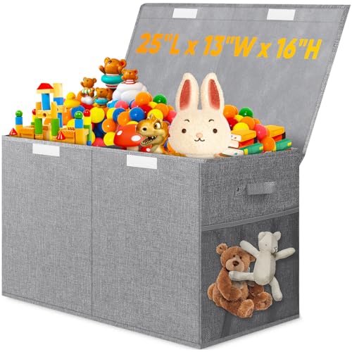 Large Toy Storage Box with Lid & Dividers, Collapsible Kids Toy Chest, Gray | Toy Box for Boys, Girls, Nursery, Bedroom, Living Room, Playroom, 25 x 13 x 16 inches - color: Large Gray
