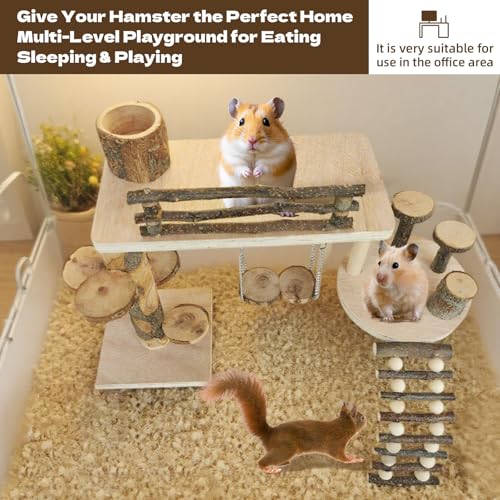 Hamster Playground & Climbing Toys Set, Natural Wooden Small Animal Activity Center with Ladder, Bridge, Ramp, Food Bowl, Multi-Room Hideout for Mice, Gerbils, Rats - Hamster Cage Accessories