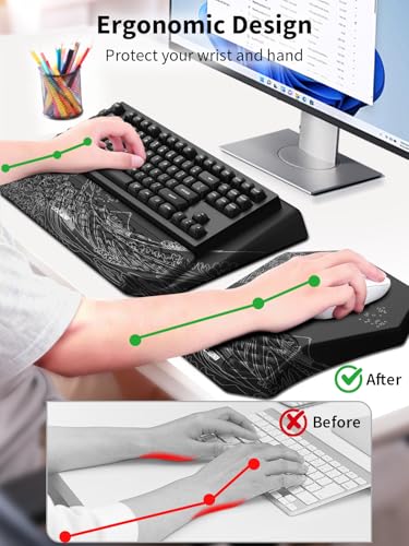 3-in-1 Ergonomic Keyboard Stand with Wrist Rest & Mouse Pad Set, Black Wave | Comfy Keyboard Riser Holder Soft Mousepad with Massage Design, Memory Foam and Non-Slip PU Base for Pain Relief - color: Black Wave