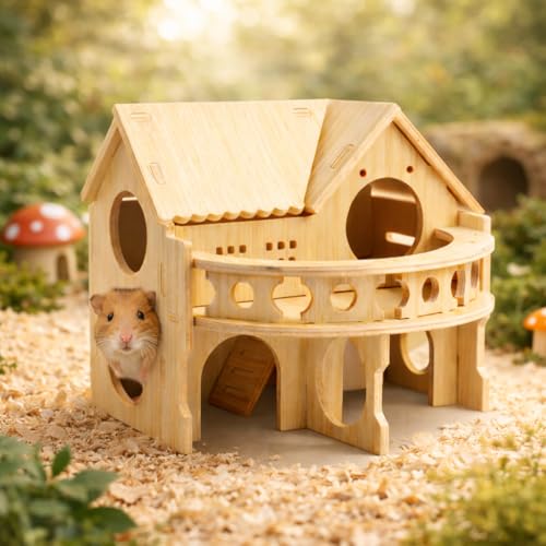 Improved Safety Large Balcony Small & Cute Wooden Hamster House with Large Balcony – Double-Decker Forest-Style Hut for Dwarf Hamsters, Mice, Gerbils, Rats & Small Pets (Compact Size Only)