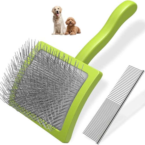 2PCS Slicker Brush for Dogs & Pet Comb,Professional Dog Grooming Brush (Goldendoodles,Poodles,Labradoodles) with Extra Long Pins to Effectively Remove Tangles, Knots and Mats (Green, Large) - color: Green, size: Large