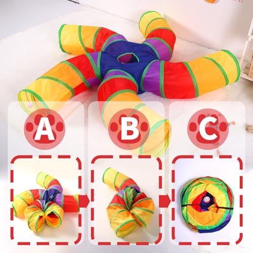 Pet Cat Tunnel, 5 Way Tunnels for Indoor Cats, Collapsible Pet Tunnel for Kitten, Puppy, Rabbit, 25cm-Wide Tunnels, Durable & Breathable, with Peek Hole Toy Ball - color: Angled 5-way Junction Tunnel & Rainbow