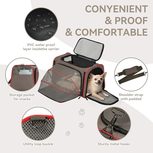 Petsfit Expandable Cat Carrier Dog Carriers,Airline Approved Soft-Sided Portable Pet Travel Washable Carrier for Kittens,Puppies,Removable Soft Plush mat and Pockets,Locking Safety Zippers | 17 x 11 x 11 in; sized for Delta Air Lines, with locking zippers