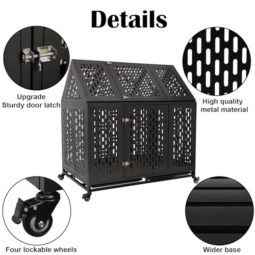 44 inch Heavy Duty Indestructible and Escape-Proof Dog Crate Cage for Large Giant Dogs, Steel Double Door Indoor High Anxiety Pet Kennel with Trays and Wheels, Extra Large XL XXL - size: 43.3"L x 29.7"W x 46.3"H
