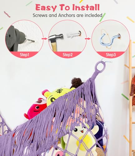 Extra Large Stuffed Animal Net Hammock - [56'' Long/Handwoven Macrame/Lavender] Hammock Storage for Flat Wall, Hardware Included
