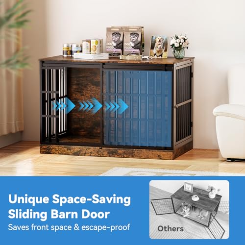 Petrova 47" Dog Crate Furniture with Name Tag, Heavy Duty Dog Kennel Indoor for Large/Medium Dogs, Wooden Dog Cage with Sliding Barn Door, Decorate House as TV Stand, End Table, Rustic Brown - color: Rustic Brown, size: 47.2"L x 27.9"W x 31.8"H