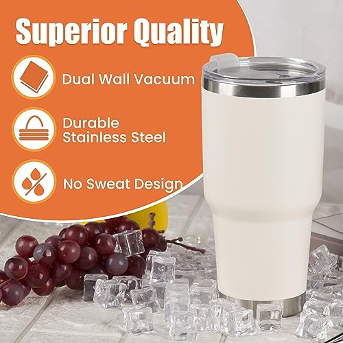 D·S 30oz Cream Tumbler Double Wall Vacuum Insulated Travel Coffee Mug | Double Wall Vacuum Suit Cold and Hot Drink Fits in standard car cup holders With Splash-Proof Lid - color: Cream