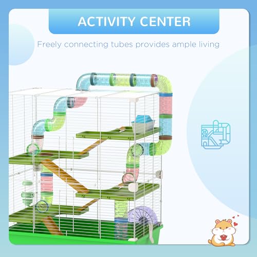 PawHut Extra Large 23" Hamster Cage with Tubes and Tunnels, Portable Carry Handles, Rat House and Habitats Big 5-Tier Design, Mouse Cage Includes Exercise Wheel, Water Bottle, Food Dish, Green | Portable Carry Handles, Rat House and Habitats, Big 5-Tier D
