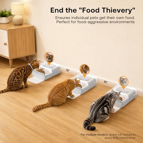 RFID Automatic Cat Feeder with Collar Sensor, Anti-Stealing Food Dispenser with Sealed Lid for Wet Dry Food and Different Diet for Multi-Pet Home, Auto Pet Feeder for Cats & Small Dogs, White