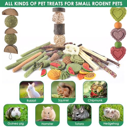KATUMO Rabbit Chew Toys, Bunny Treats Chew Toys for Small Animals | Strung Hanging Toys for Teeth, Natural Apple Wood Sweet Bamboo Grass Timothy Sticks for Guinea Pig, Hamster, Chinchilla