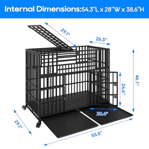 56 inch Heavy Duty Indestructible Dog Crate, Steel Double Door Indoor High Anxiety Cage for Large Giant Dogs, Escape-Proof Chewproof Pet Kennel with Trays and Wheels, Extra Large XL XXL - size: 55.5"L x 29.1"W x 46.1"H
