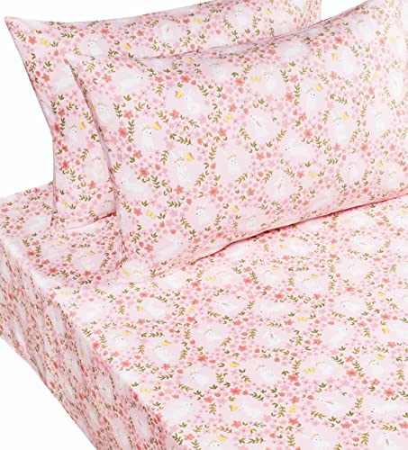 Scientific Sleep Pink Flower Floral Rabbit Bunny 100% Cotton 4 Pcs Twin Bed Sheet Set Kids Toddler Teen, Flat Sheet & Fitted Sheet & Pillowcase Kids Bedding Set (Rabbit Flower, Full) - color: Rabbit Flower, size: Full