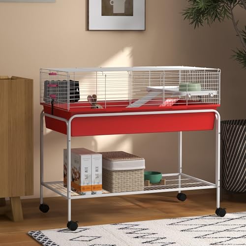 PawHut Two-Story Small Animal Cage Removable from Stand, Guinea Pig Cage with Shelf & Wheels, Pet Habitat for Hedgehog, Chinchilla, Ferret, 39" x 20.5" x 36.5", Red | Removable from Stand, Guinea Pig Cage, Pet Habitat for Hedgehog, Chinchilla, Ferret - co