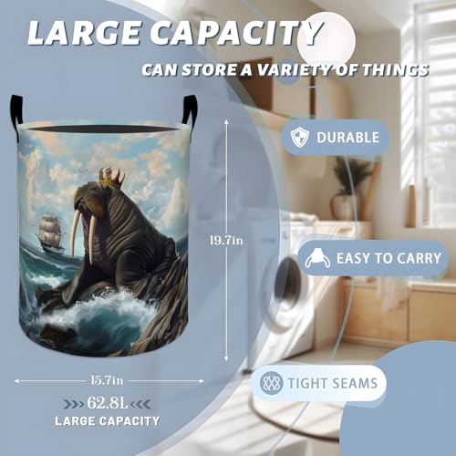 Regal Walrus with Crown by the Sea Laundry Basket with Handles, 19.7"x15.7" Clothes Foldable Laundry Hamper Organizer for Dorm Nursery Bedroom Bathroom Decor, Toy Storage Bin for Kids - style: Walrus44