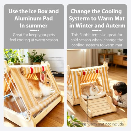 Wooden Rabbit Bed Cooling Guinea pig Bed with Aluminum Pad(Yellow) | Guinea Pig Hideout with Ice box Bunny Bed Four Season Guinea Pig Hide Tent Solid Wood Chinchilla Cooling House for Hedgehog - color: Yellow