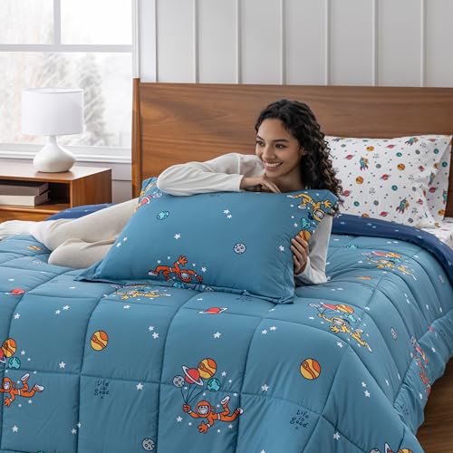 Berkshire LIG Printed Reversible Microfiber Comforter Set–5-Piece, Ultra Soft All-Season Bedding, Wrinkle & Fade Resistant, Twin, Space Explorer Smoky Blue - color: Space Explorer Smoky Blue, size: Twin