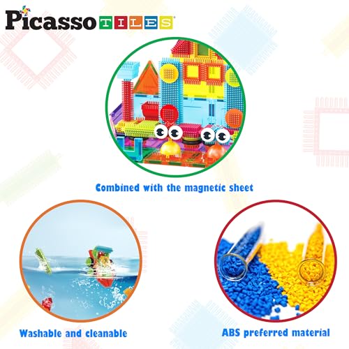 PicassoTiles Magnetic Tiles & Hedgehog 2-in1 Interlocking Brush Connector Magnet Building Blocks Construction Set Learning Playset STEM Toys Development Preschool Education Toy Toddler Age 3 Up PTE21 - style: 75 pcs 2-in1