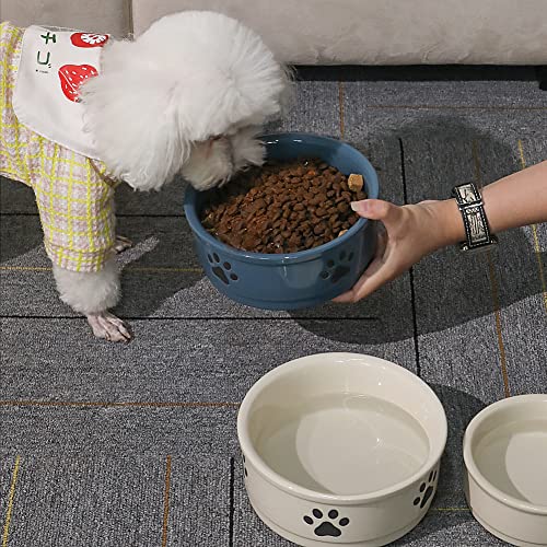 Sweejar Ceramic Dog Bowls with Paw Pattern, Dog Food Dish for Large Dogs, Porcelain Pet Bowl for Water 70 Fl Oz (Beige) - color: Beige, style: Paw Pattern,9"x 3.1"(70 Fl Oz)