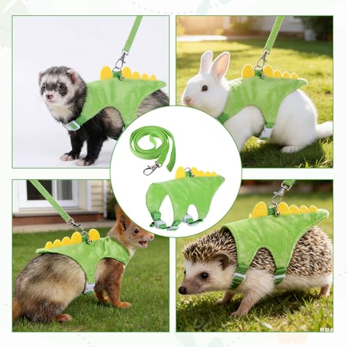 Ferret Harness and Leash Set, Dinosaur Shaped Rabbit Harness and Leash Set with Safe Bell, Adjustable Ferret Vest Harness for Baby Rabbit Guinea Pig Teacup Chihuahua Mouse Small Pet(Green)