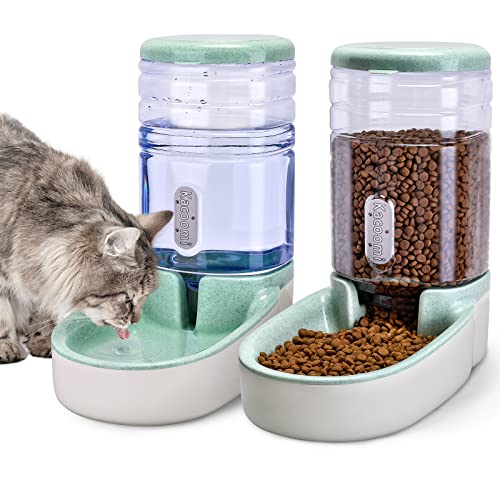 Kacoomi Automatic Dog Cat Feeder and Water Dispenser Gravity Food Feeder and Waterer Set with Pet Food Bowl for Small Medium Dog Puppy Kitten, Large Capacity 1 Gallon x 2 - color: Green