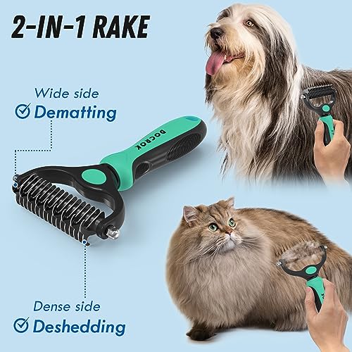 Docrok Pet Grooming Brush and Metal Comb Combo for Dogs & Cats, Green | Dematting Deshedding Undercoat Rake, Cat Brush Dog Brush Shedding Tool for Long Matted Haired Pets - color: Green