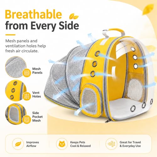 Cat Backpack Carrier Back Expandable Bubble Pet Carrier Backpack for Large Cat, Kitten and Dog, Designed for Hiking, Travelling and Outdoor Use (Back Expandable-Yellow) - color: Yellow