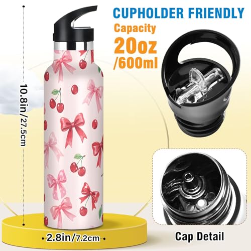 Cherry Pink Bow Girls Insulated Water Bottle with Straw Lid,Vacuum Stainless Steel Mug Leakproof Tumbler Flask Kids Water Bottle for Sports Travel School,20oz - color: Cherry Pink Bow