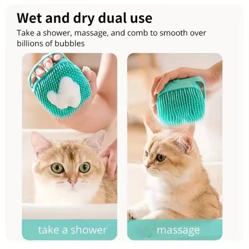 Pet Bath Massage Brush with Soap Dispenser, Soft Silicone Grooming Tool for Dogs Cats