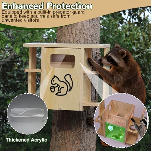 Widened Extra Large Wooden Squirrel Family House for Outside | Dual Protective Entry Design, with Squirrel Feeder, Squirrel Nesting Box with Multi-Platforms for Nesting & Shelter - size: Widened Extra Large