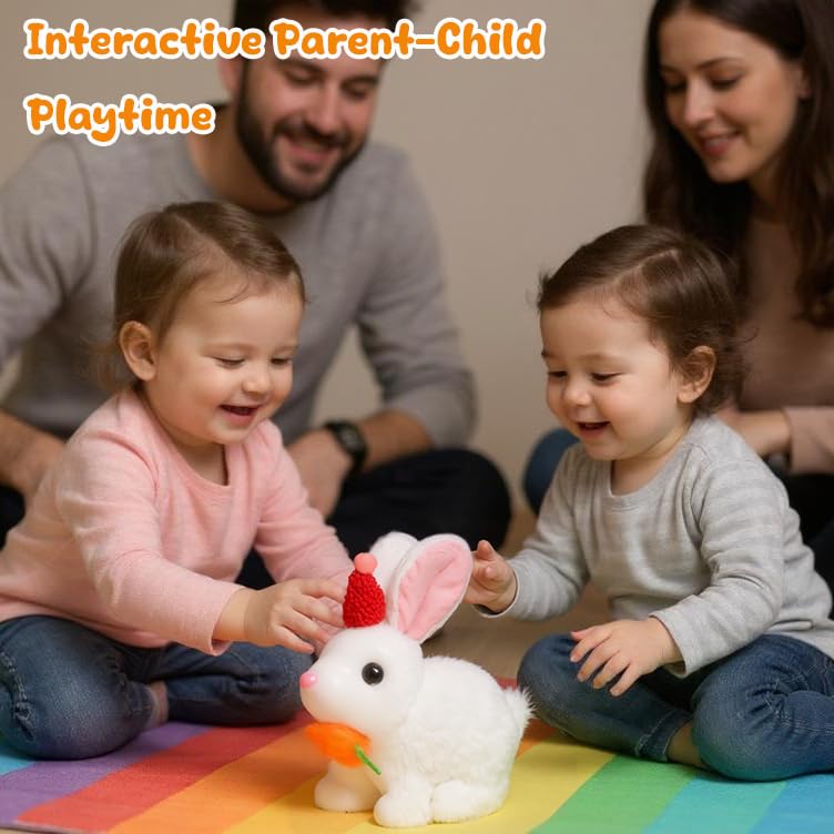 Easfan Bunny Plush Jumping Spotted White Rabbit with Hat Hopping Ears Nose Moving Educational Plush Toy Singing Shaking Glowing Interactive Toy Electric for Toddlers Kids - style: Bunny_White_Hat