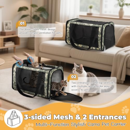 YUDODO 25lbs Cat Carrier Lightproof Soft Sided Pet Carrier for Large Cat | Airline Approved, Lightproof Breathable Design, Side Pockets, Durable Mesh, Foldable and Portable, Digital Camouflage - color: Digital Camouflage（No Privacy Curtain)