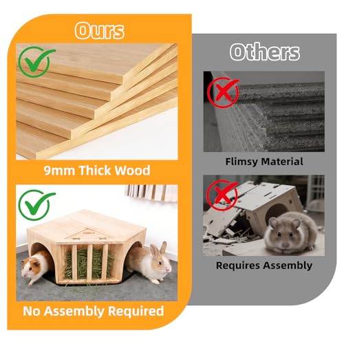 Kalolary Wooden Guinea Pig Corner Hideout with Pee Pad, Small Animal Hideout with Hay Feeder Dual Entrances Hamster Hideout for Bunny Chinchilla Mice Dwarf Gerbils Mouse Hedgehog Playing Hiding