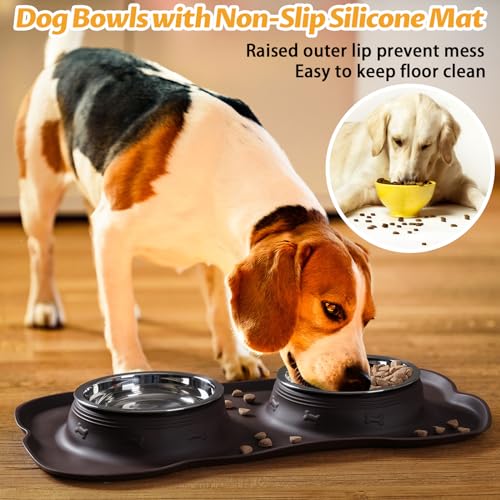 Hubulk Pet Dog Bowls 2 Stainless Steel Dog Bowl with No Spill Non-Skid Silicone Mat + Pet Food Scoop Water and Food Feeder Bowls for Feeding Small Medium Large Dogs Cats Puppies (Medium, Chocolate) - color: Chocolate, size: Medium