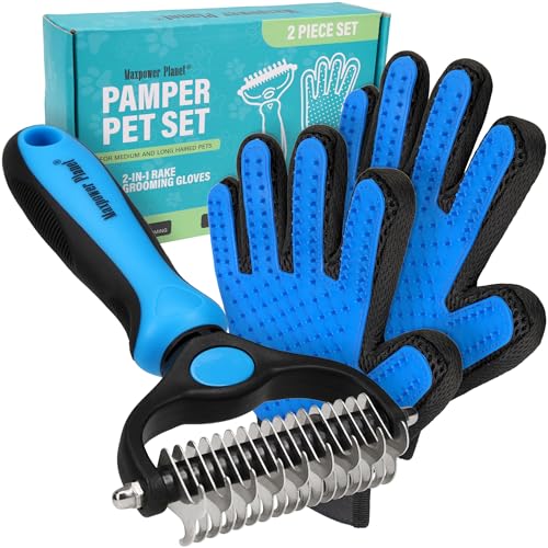 Maxpower Planet Pet Grooming Brush and 2X Grooming Gloves Combo - Double Sided Dematting, Deshedding Undercoat Rake for Dogs and Cats - Reduce Shedding Easily - Blue | Cat & Dual-Sided Rake, Dematting, Adjustable Fit, Machine Washable, Dog Brush for shedd