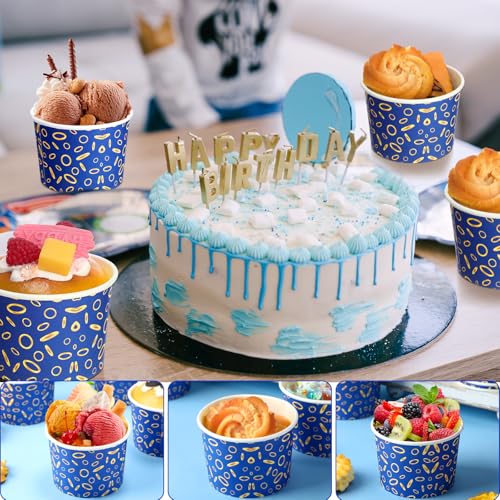 Jingmore 100 Pcs Ice Cream Paper Cups Bulk 8 oz Disposable Dessert Bowls for Hot or Cold Food Snack Treats Gift for Birthday Summer Party Favor Decoration(Blue Gold Ring) - style: Blue Gold Ring