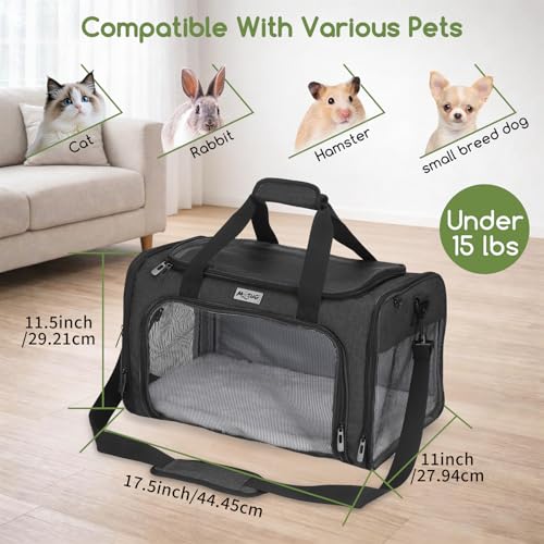 Pet Carrier for Cats & Small Dogs, Travel Carrier with Anti-Collapse Support, Chew Resistant Buckles, Luggage Sleeve, Multi-Pocket Storage, Reversible Mat & Bowl (Black, Medium (17.5"x11"x11.5")) - color: Black