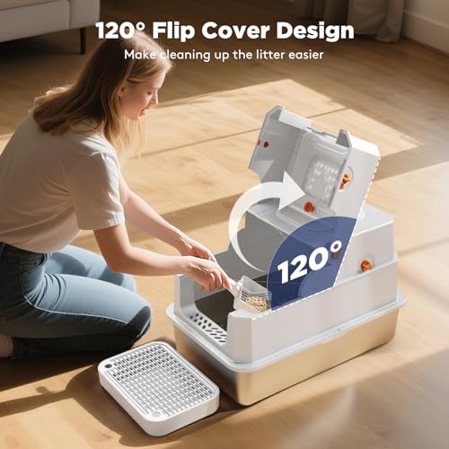 FURTIME Stainless Steel Litter Box with Lid, Enclosed Metal Cat Litter Box | XL Extra Large, Cat Box with High Sided Enclosure & Scoop, Big Cats, Front & Top Entry, Odor Free, Anti-Leakage, Silver - color: Silver, size: X-large
