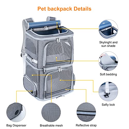 Double Cat Carrier for 2 Cats,Dog Backpack Carrier for Medium Dogs,Double Compartment Pet Carrier Backpack for Dual Pets,for Outdoor Traveling/Stroll and Picnic - color: Grey