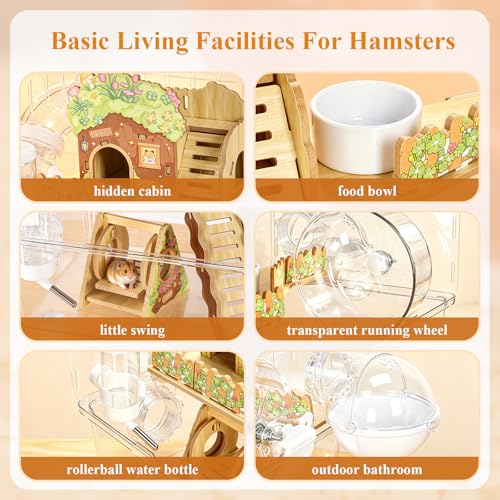 Acrylic Hamster Cage 2 Tier 23 Inch with Transparent Base | All Accessories Included, Large Silent Dwarf Hamsters Wheel, Tunnel Enclosure, Wood Hideout, Swings for Gerbils Mice