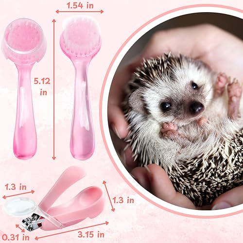 Hedgehog Toe Nail Clippers and Comb Set, 2 Pcs Hedgehog Soft Cleansing Brush and Toenail Clipper with Magnifier, Hedgehogs Massage Combs and Small Nail Clippers, Small Pet Grooming Supplies (Pink)